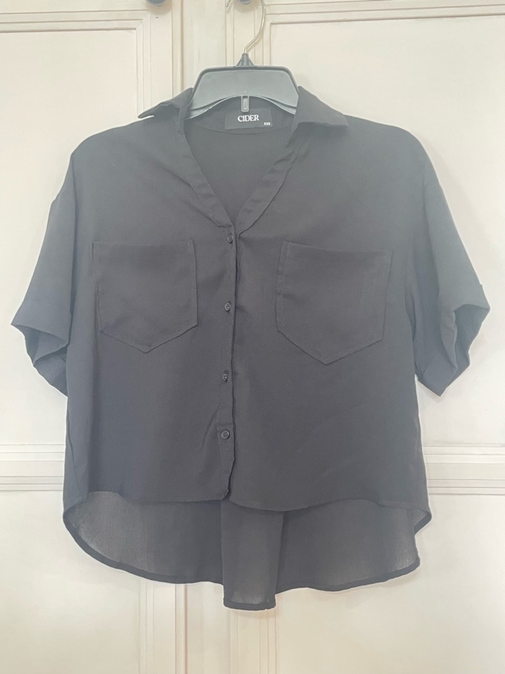 Cider collar pocket button up short‎ sleeve crop blouse black XXS